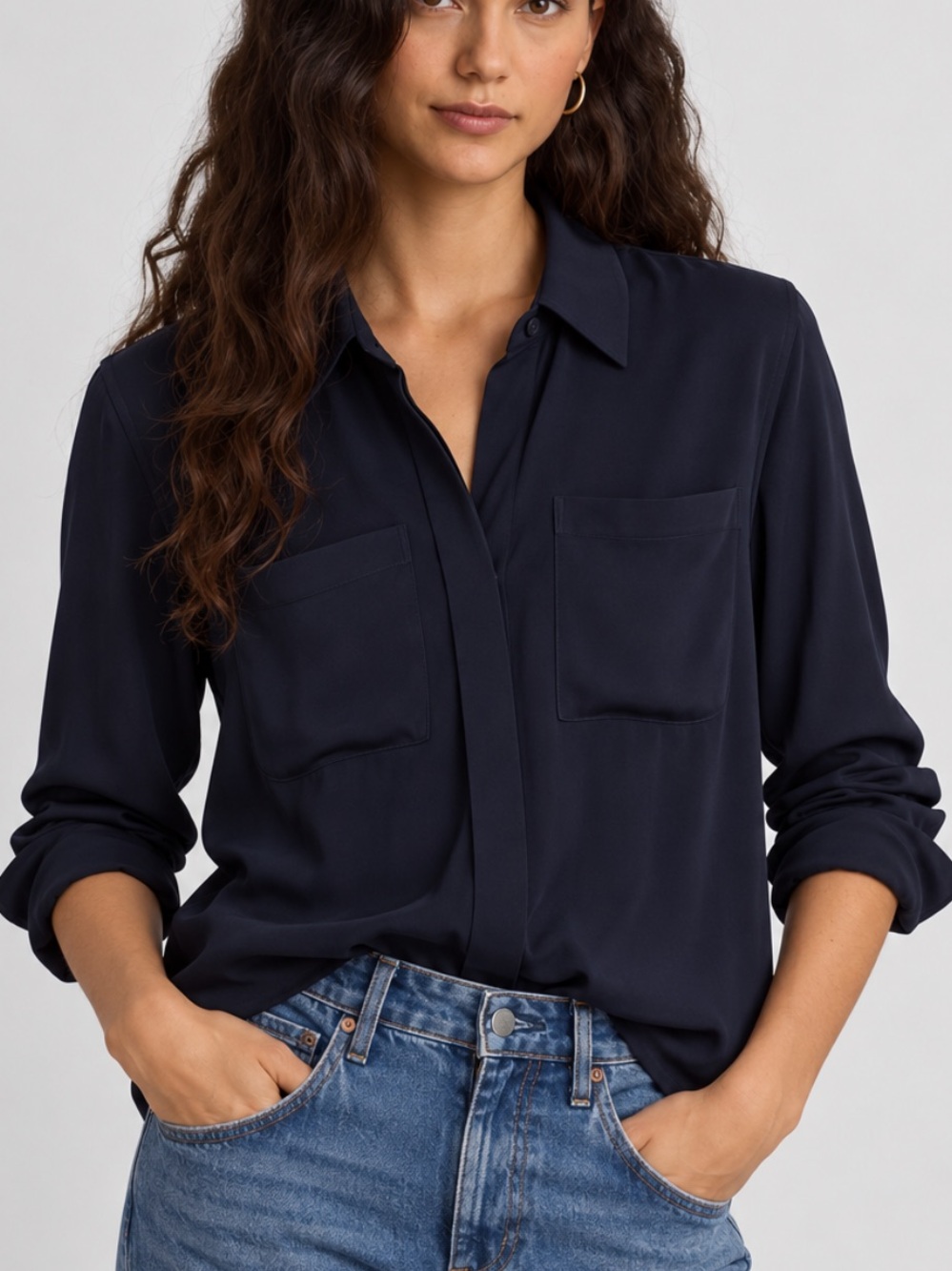 J. Crew Lauren Silk Button Down Blouse in Dark Navy Blue